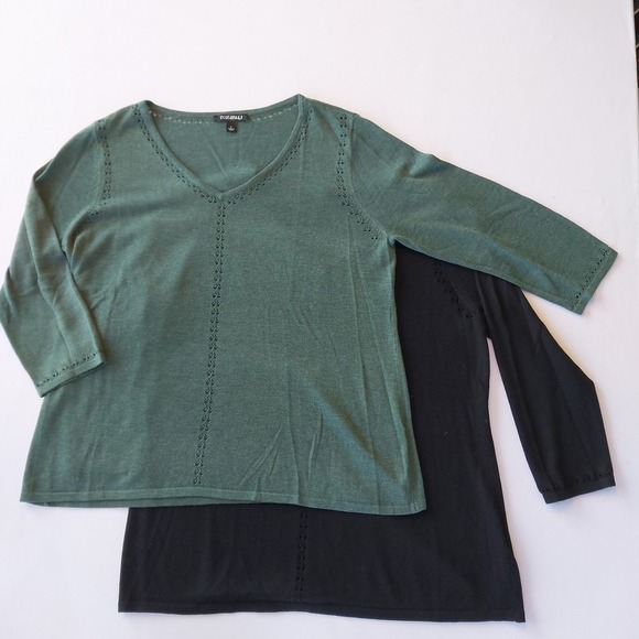 Women Roz & Ali 2 Pack Green Black V Neck 3/4 Sleeve Sweater Cut Out Detail Sz L - Picture 1 of 9